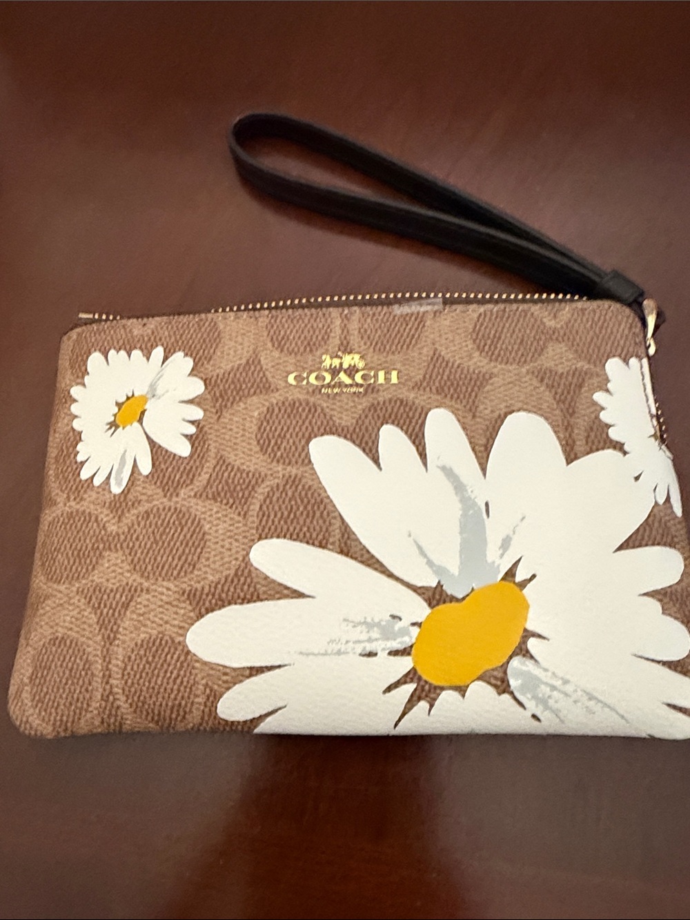 Coach Brown Signature Daisy Wristlet with White & Yellow Floral Accents